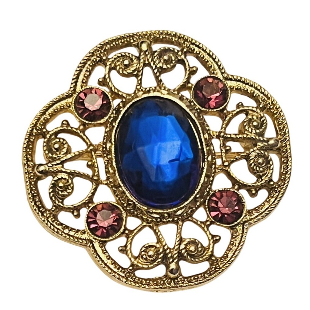 Brooch Pin Gold Tone Ornate Jeweled Rhinestone VTG 1928 Co Rare Byzantine Blue